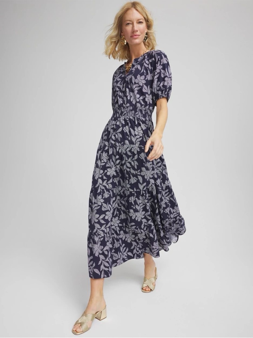 Chico’s Poplin Smocked Waist Maxi Dress Floral Blue Lyocell Cotton Size 1 (US 8)